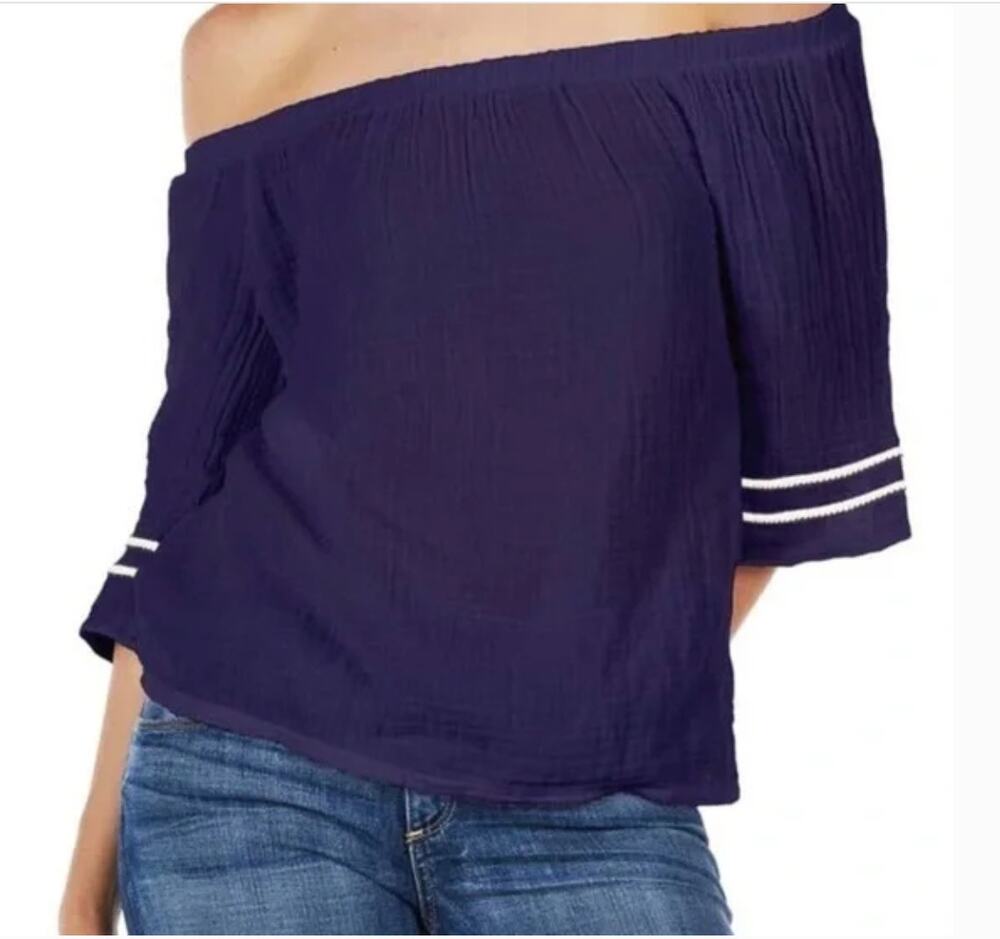 MICHAEL STARS Passport Navy Off the Shoulder Gauzy Cotton Blouse // M